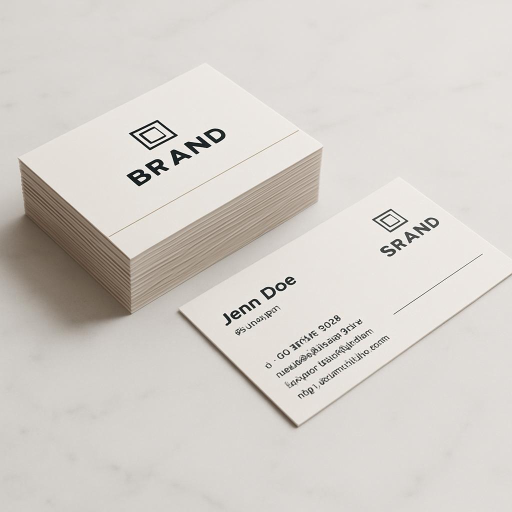 A stack of business cards and a single card, with the brand logo visible on each.