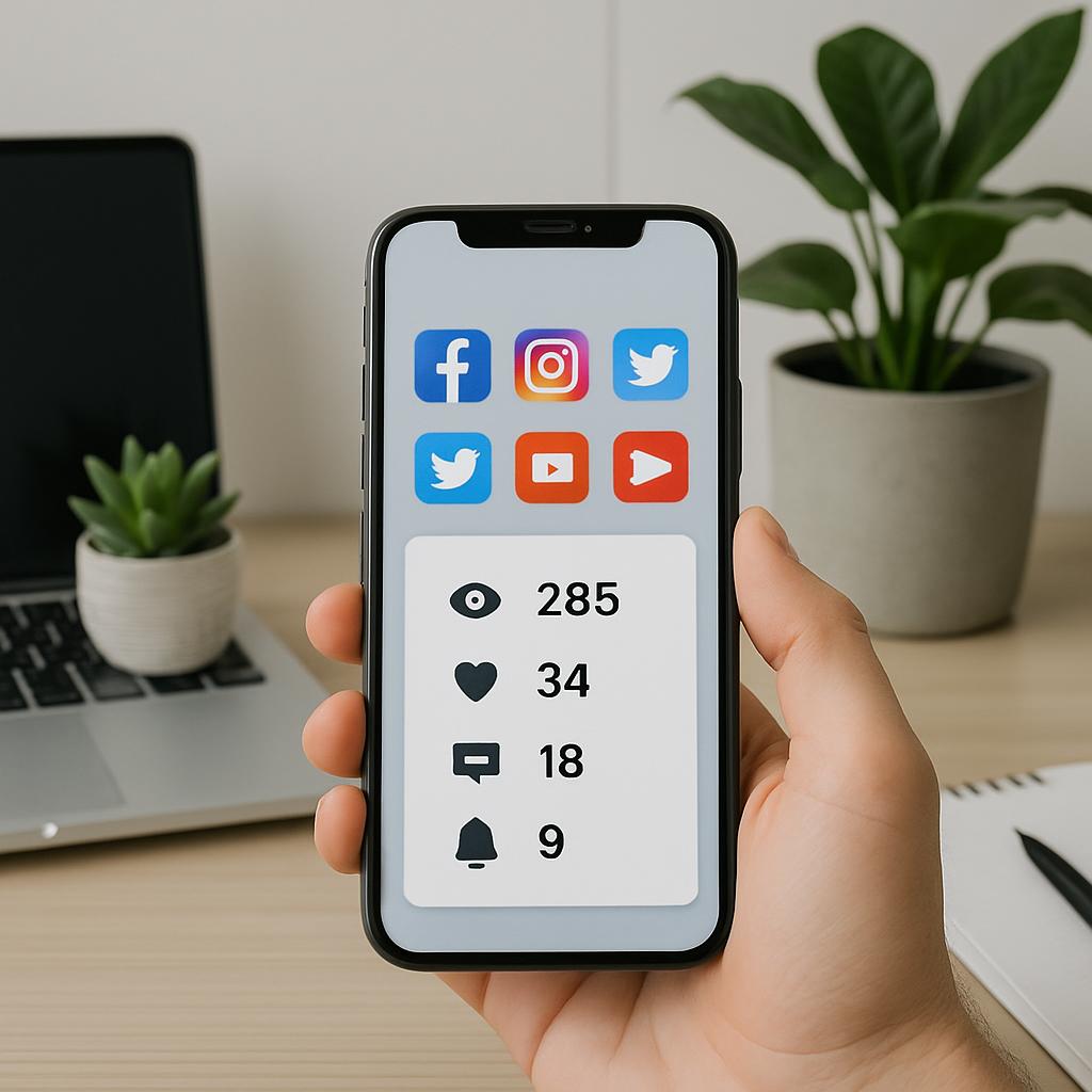 A hand holds a black-framed, medium-sized iPhone with various social media app icons at the top of the screen. The white s...